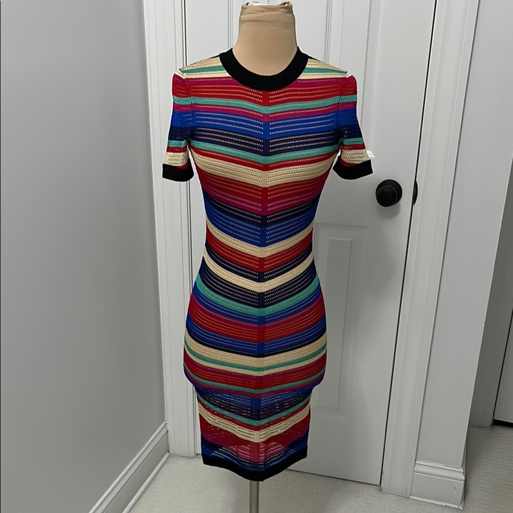 The Vault by Sacha Multicolored Striped Crochet Mesh  Bodycon Dress